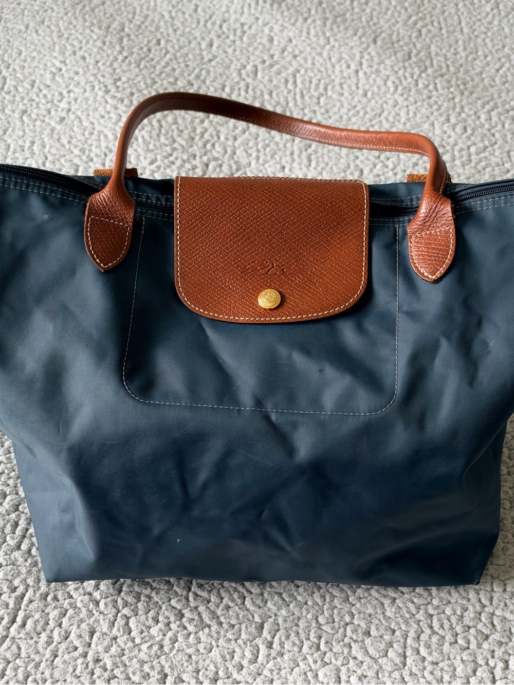 Longchamp Le Pliage Large Navy Nylon Tote Bag with Brown Leather Trim
